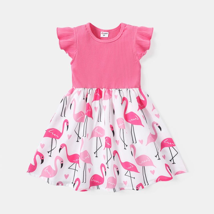 Toddler Gril Flamingo Print Splice Flutter-sleeve Dress Peach
