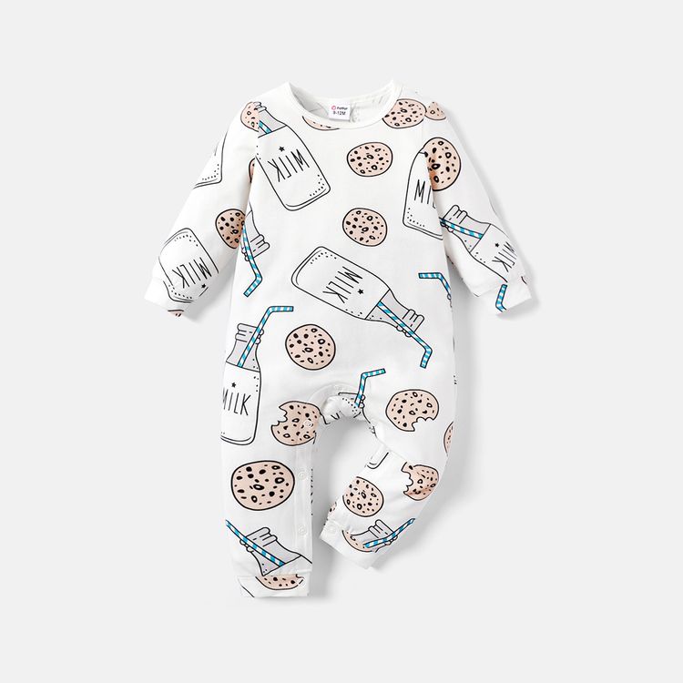 Baby Boy/Girl Cotton Long-sleeve Allover Cookie & Milk Bottle Print Jumpsuit White