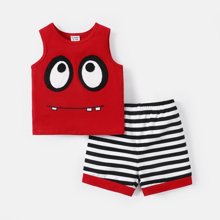 2pcs Baby Boy 95% Cotton Striped Shorts and Graphic Tank Top Set Red