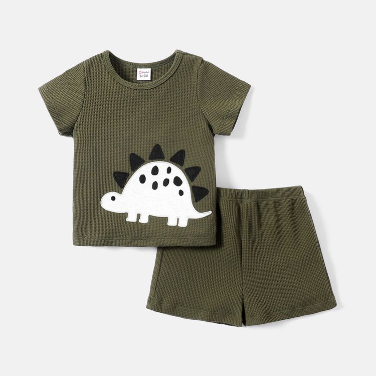 2pcs Baby Boy Dinosaur Embroidered Short-sleeve Waffle Tee & Shorts Set LightArmyGreen