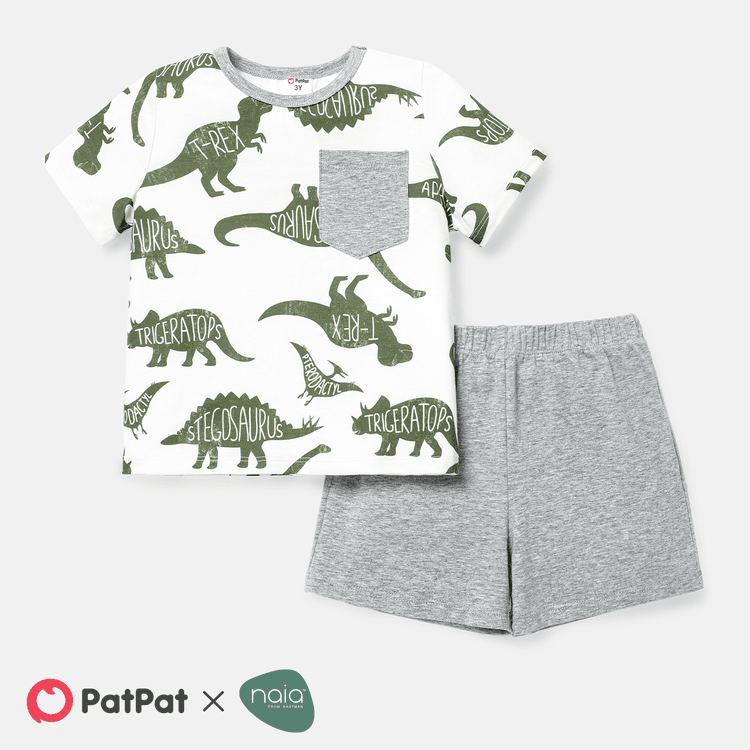2pcs Toddler Boy Allover Dinosaur Print Short-sleeve Naia Tee and Solid Shorts Set ColorBlock