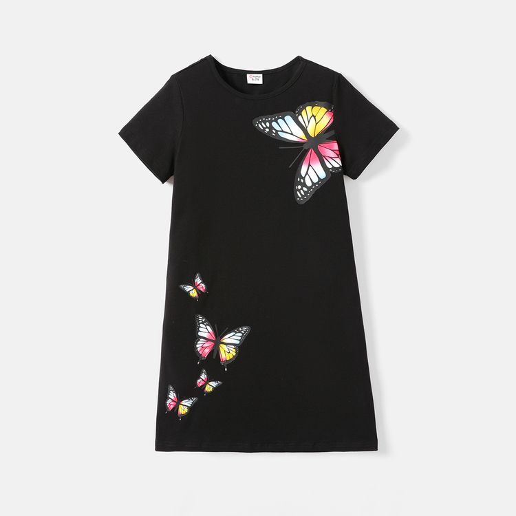 Kid Girl Butterfly Print Cotton Short-sleeve Tee Dress Black