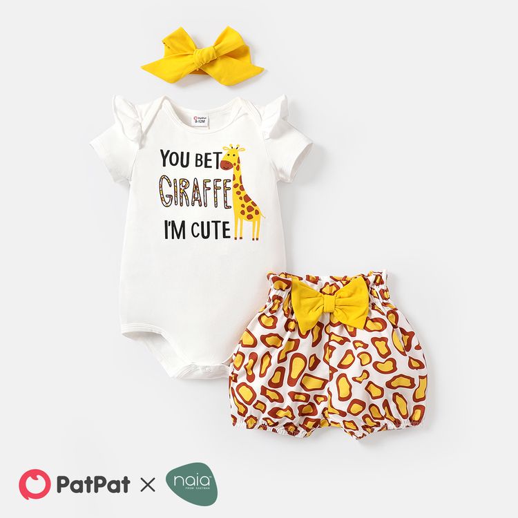 3pcs Baby Girl Cotton Short-sleeve Giraffe & Letter Graphic Romper and Bow Front Naia Bloomer Shorts & Headband Set yellowwhite