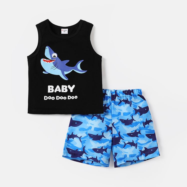 2pcs Toddler Boy Shark Print Cotton Tank Top and Elasticized Shorts Set BLUE