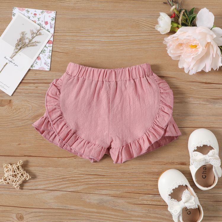 Baby Girl 100% Cotton Solid Ruffle Trim Shorts Light Pink
