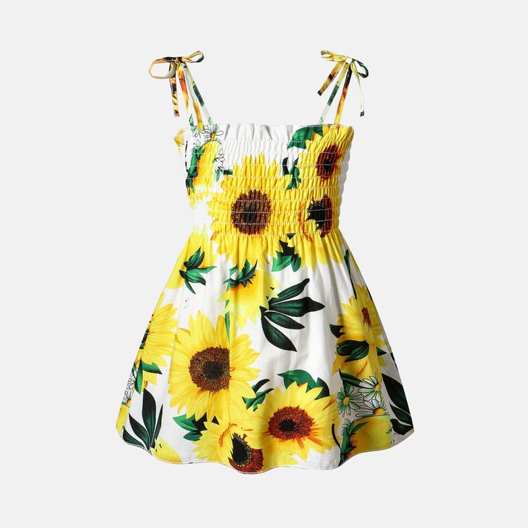 Baby Girl 100% Cotton Allover Sunflower Print Shirred Cami Dress White