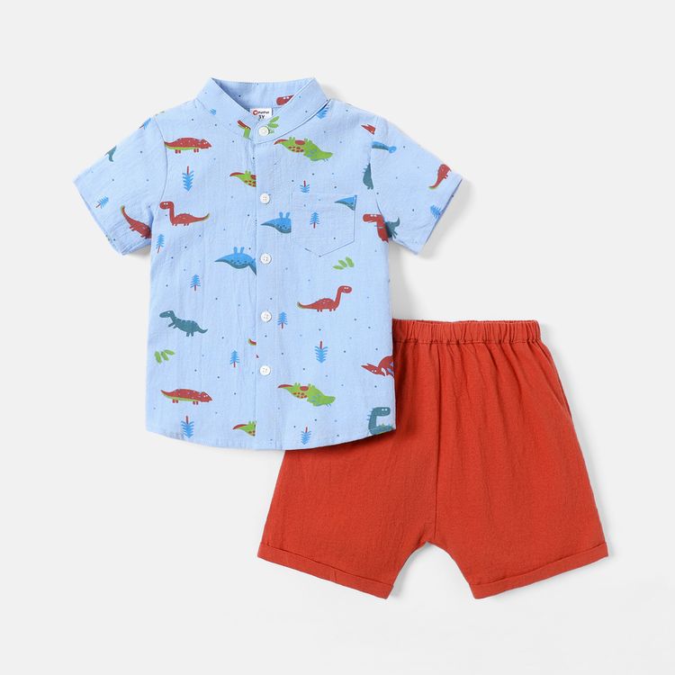 2pcs Toddler Boy 100% Cotton Dinosaur Print Shirt and Elasticized Shorts Set DENIMBLUE