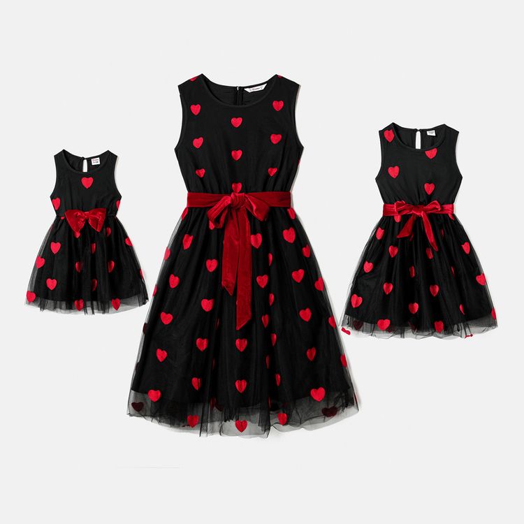 Valentine's Day Mommy and Me Allover Heart Embroidered Sleeveless Belted Black Sheer Mesh Dresses Black