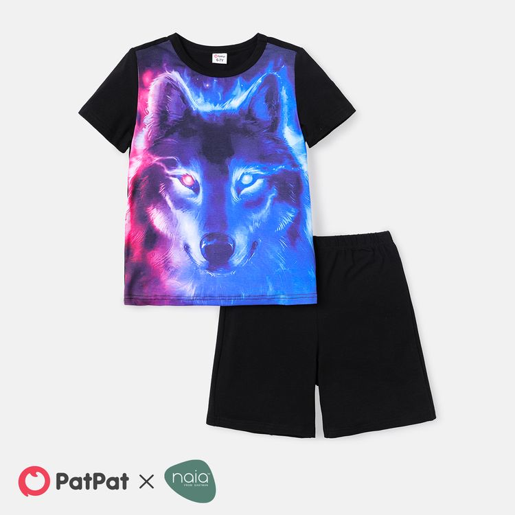 Naia 2pcs Kid Boy Animal Wolf Print Short-sleeve Tee and Elasticized Shorts Set Black