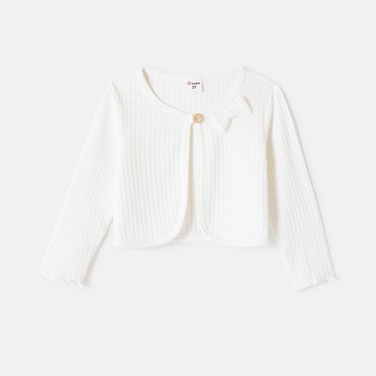 Eco-friendly RPET Fabric Toddler/Kid Girl Solid Color Bowknot Design Waffle Cardigan White
