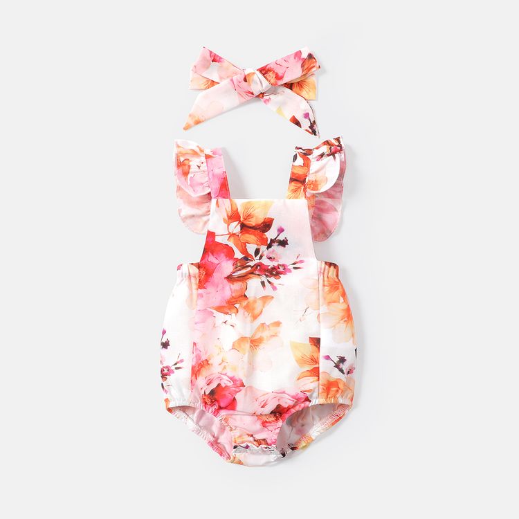 2pcs Baby Girl Allover Floral Print Ruffle Trim Sleeveless Romper & Headband Set Colorful