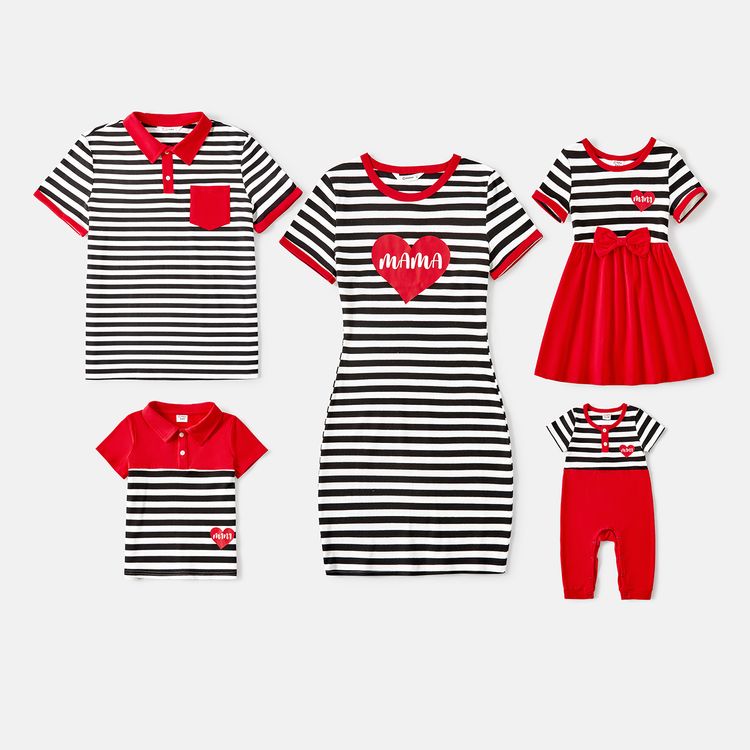 Valentine's Day Family Matching 95% Cotton Striped Short-sleeve Graphic Dresses and Polo Shirts Sets ColorBlock