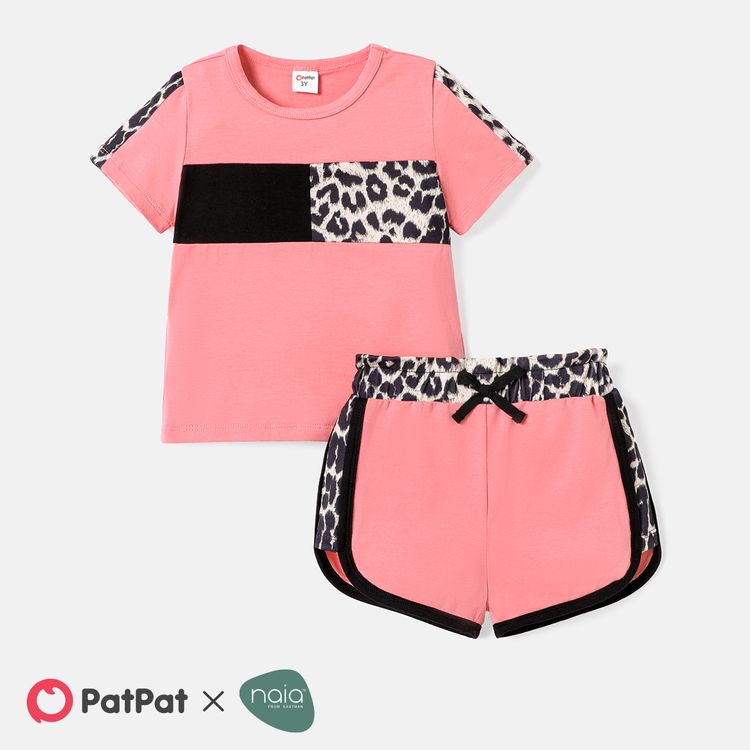 Naia 2pcs Toddler Girl Leopard Print Splice Short-sleeve Tee and Elasticized Shorts Set Pink