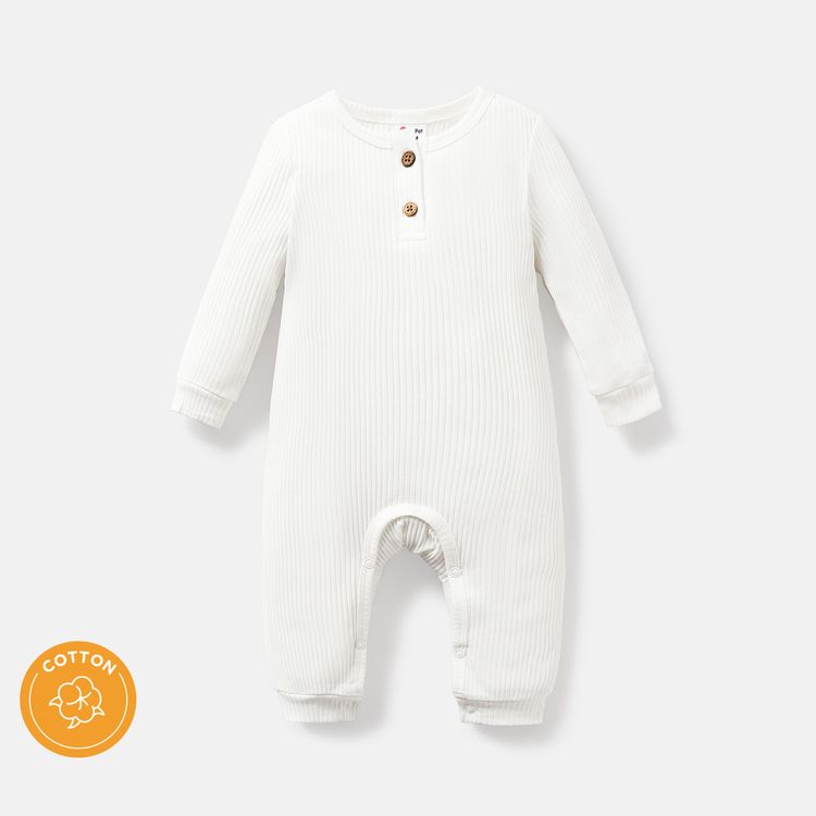 Baby Girl/Boy Cotton Button Design Solid Color Ribbed Long-sleeve Jumpsuits White