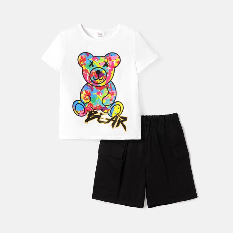 2pcs Kid Boy Cotton Bear Print Short-sleeve Tee and Pocket Design Shorts Set BlackandWhite