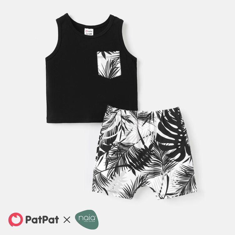 2pcs Baby Boy Cotton Tank Top and Allover Tropical Plant Print Naia Shorts Set BlackandWhite
