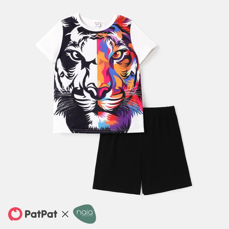 Naia 2pcs Kid Boy Animal Lion Print Short-sleeve Tee and Elasticized Shorts Set White