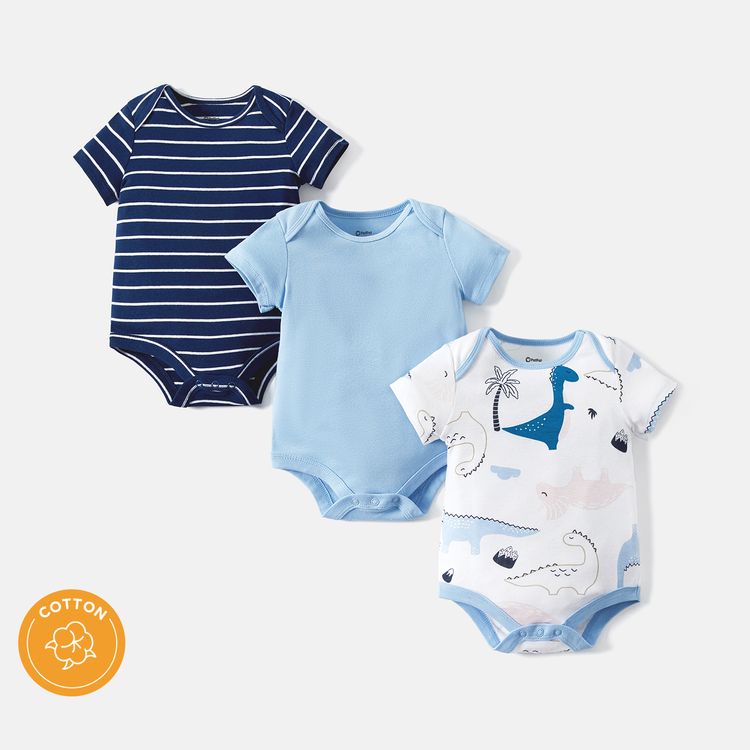 3-Pack Baby Girl/Boy Dinosaur Print/Stripe/Solid Color Short-sleeve Rompers Blue