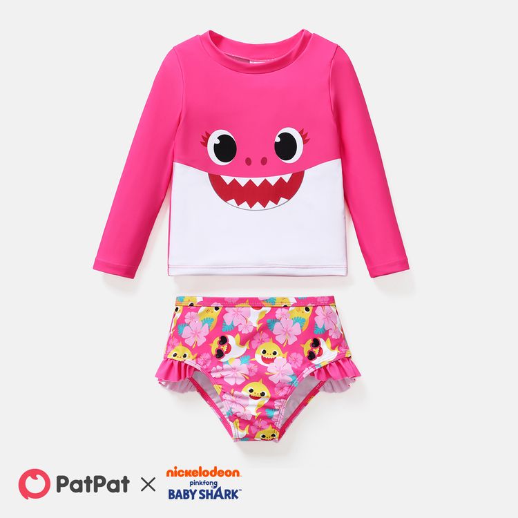 Baby Shark Toddler Girl/Boy 2pcs Long-sleeve Top and Shorts Swimsuit Dark Pink