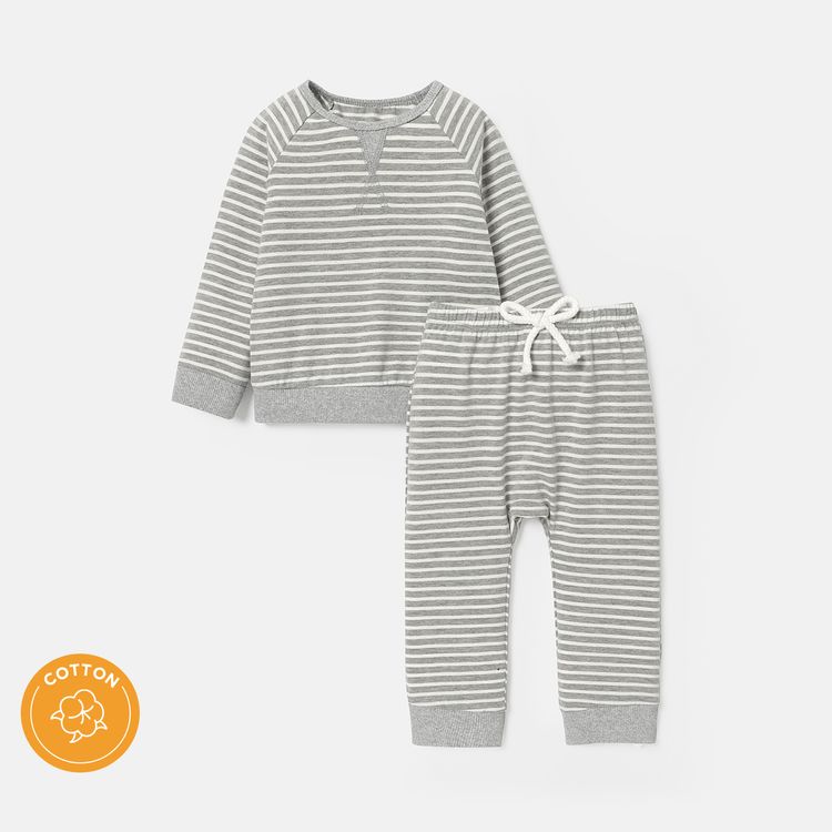 2pcs Baby/Toddler Girl/Boy Stripe Raglan Sleeve Cotton Sweatshirt and Pants Set Flecked Grey