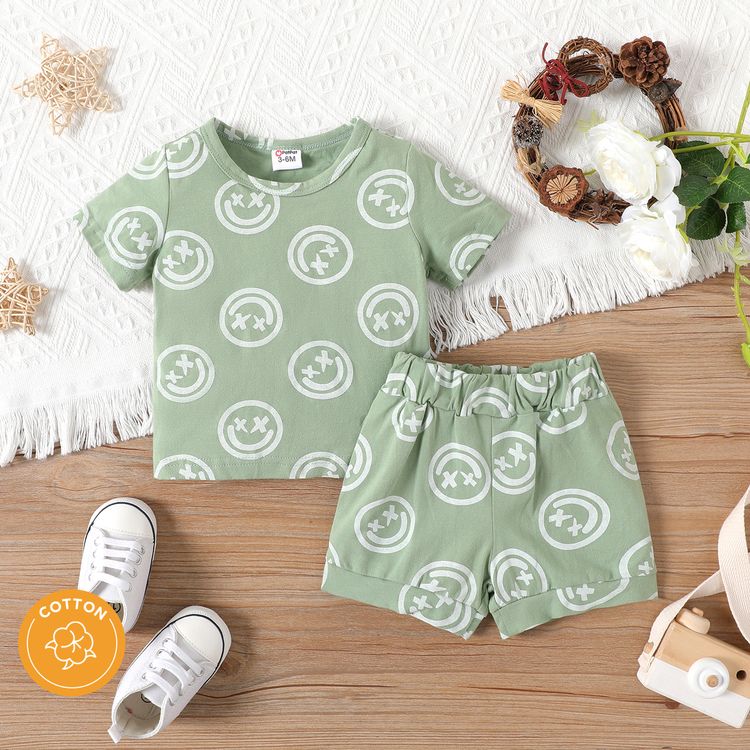 2pcs Baby Boy/Girl 95% Cotton Short-sleeve Allover Print Tee & Shorts Set Green