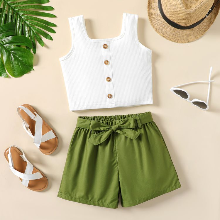 2Pcs Kid Girl Button Ribbed Tank Top and Belted Shorts Set Green