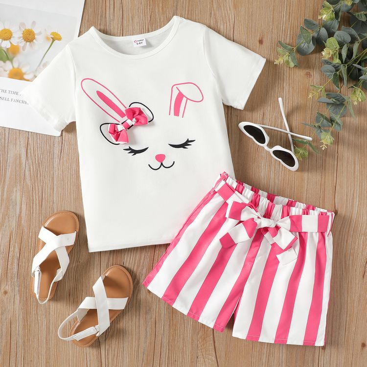 Easter 2pcs Kid Girl 3D Bowknot Design Rabbit Print Tee and Stripe Belted Shorts Set Pink