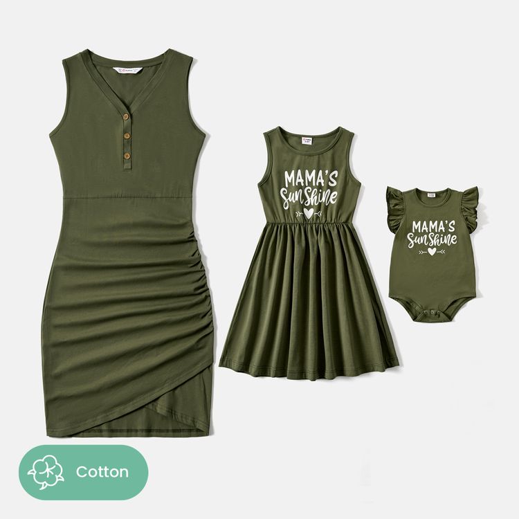 Mommy and Me 95% Cotton Sleeveless Dresses Army green