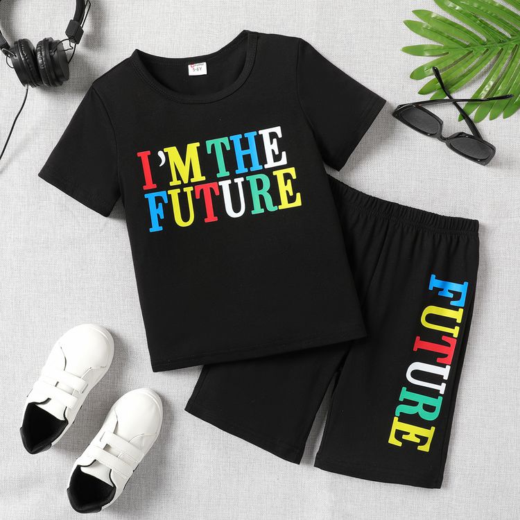 2pcs Kid Boy Letter Print Short-sleeve Tee and Elasticized Shorts Set Black