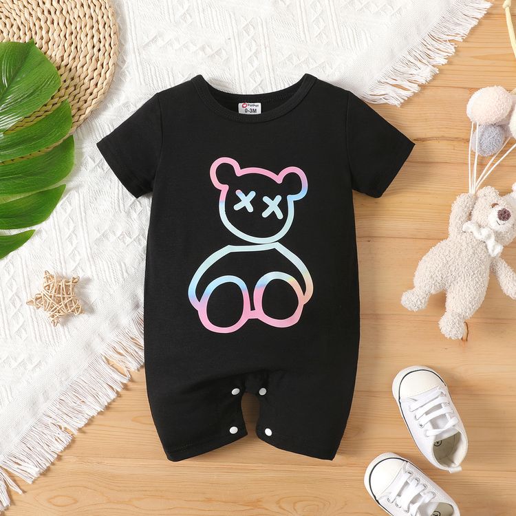 Baby Boy/Girl Bear Print Short-sleeve Romper Black