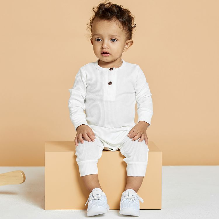 Baby Boy/Girl 95% Cotton Ribbed Long-sleeve Button Up Jumpsuit White