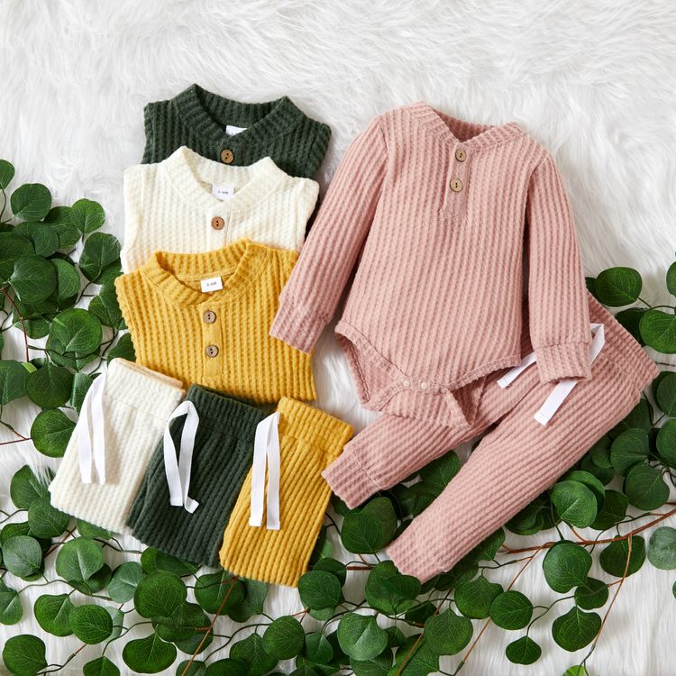2pcs Solid Waffle Long-sleeve Baby Set White