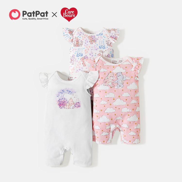 Care Bears Baby Girl 100% Cotton Floral and Cloud Romper/One Piece Light Pink
