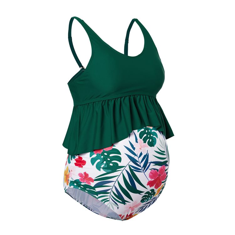 Maternity 2pcs Floral full print Green two piece swimsuits Green