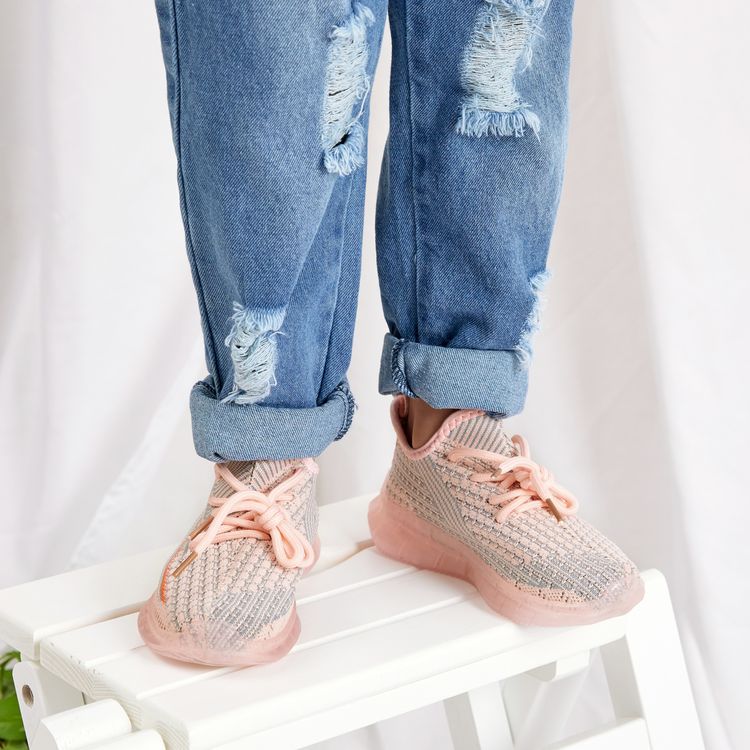 Toddler / Kids Breathable Knitted Striped Lace-up LED Sneakers Pink