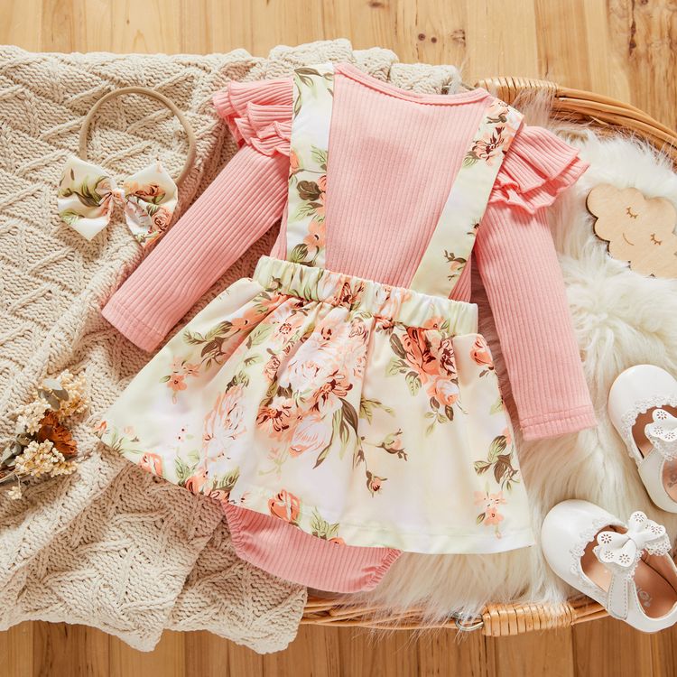 2pcs Baby Girl 95% Cotton Ribbed Long-sleeve Faux-two Floral Print Romper with Headband Set Pink