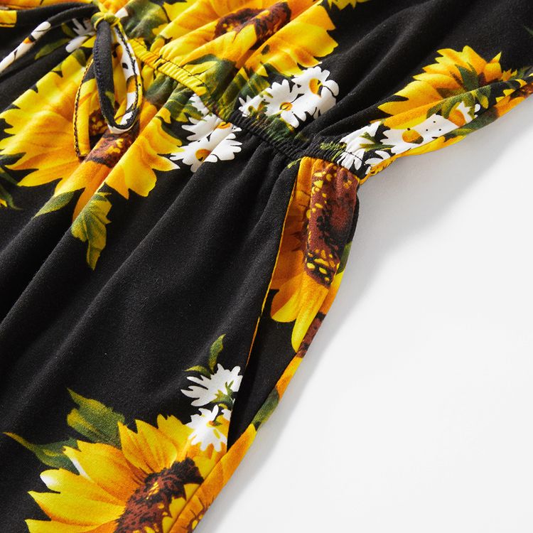 Sunflower and Daisy Print Matching Black Sling Shorts Rompers Black