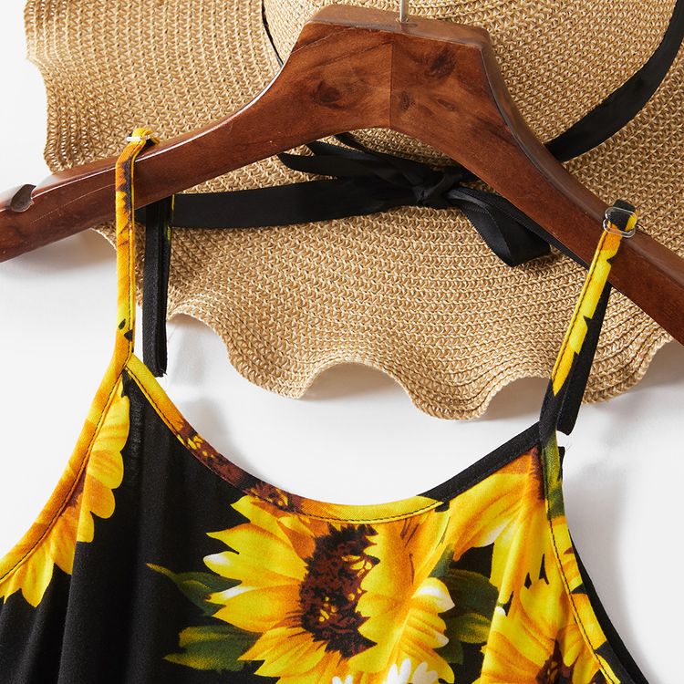 Sunflower and Daisy Print Matching Black Sling Shorts Rompers Black