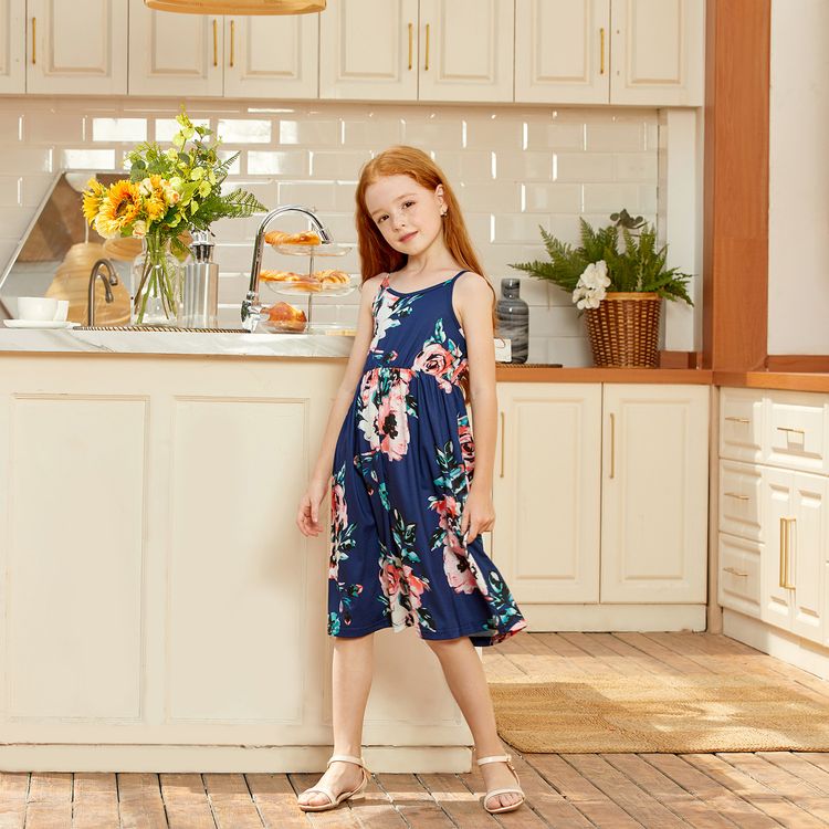 Dark Blue Floral Print Matching Maxi Sling Dresses Dark Blue
