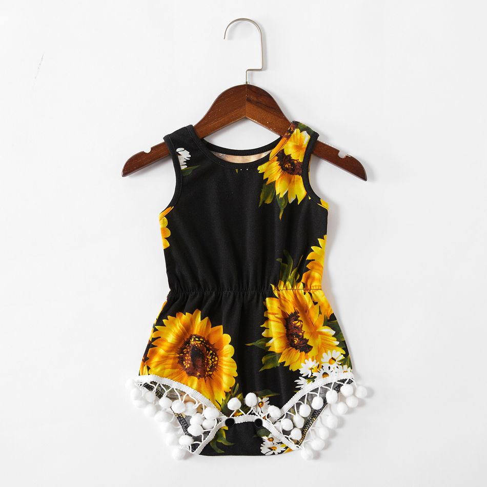 Sunflower and Daisy Print Matching Black Sling Shorts Rompers Black big image 6