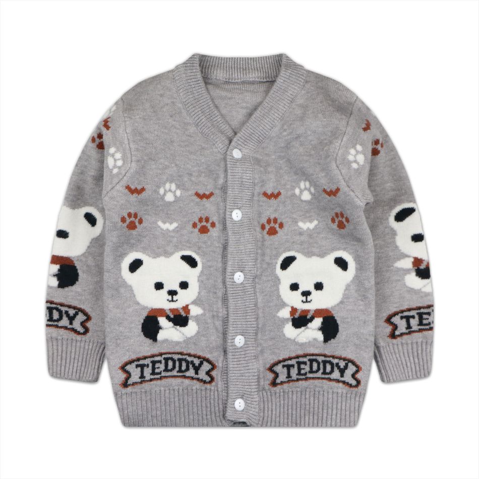 Letter and Bear Print Long-sleeve Knitwear Sweater Light Grey