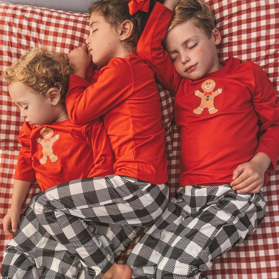 Family Matching Lovely Gingerbread Man Print Plaid Christmas Pajamas Sets (Flame Resistant) Red big image 3