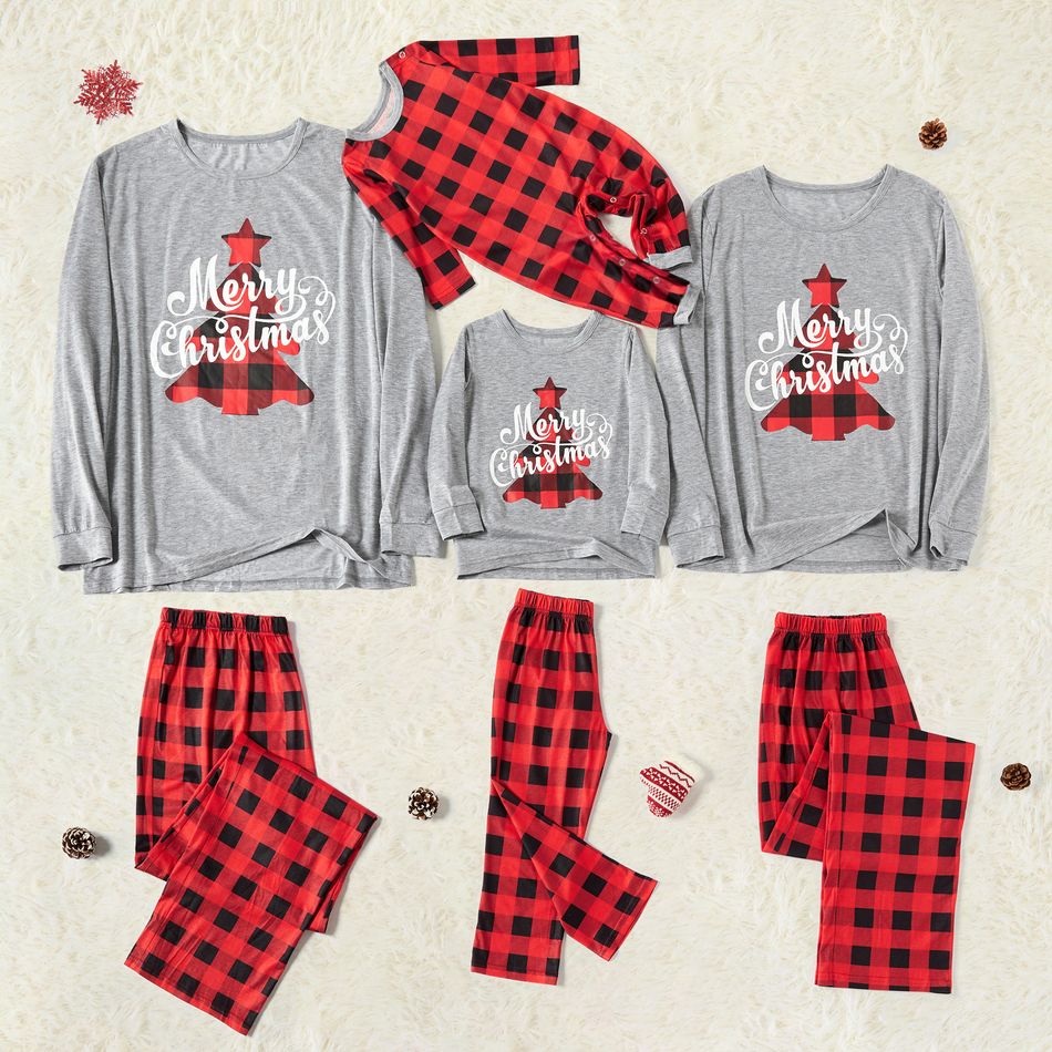 Family Matching Plaid Christmas Tree Print Pajamas Sets (Flame Resistant) Grey