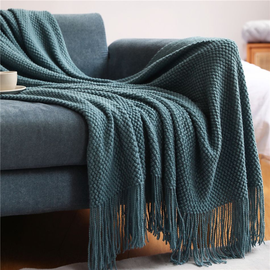 Blanket With Tassels Warm Knitted Blankets For Beds Soft Sofa Blanket Dark Green