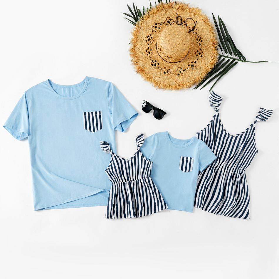 Stripe Series Family Matching Tops(V-neck Sling Tops for Mom and Girl ; Blue T-shirts for Dad and Boy) Blue