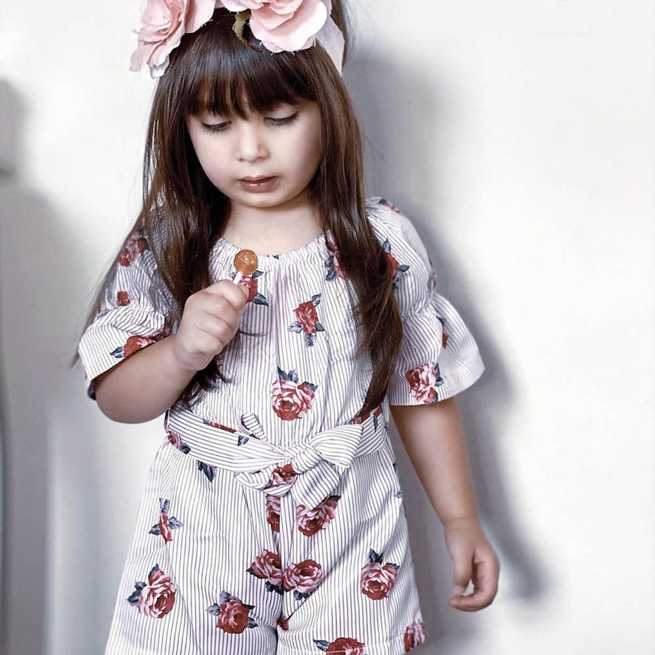 Toddler Girls Striped Floral Print Bow Romper Pink big image 2