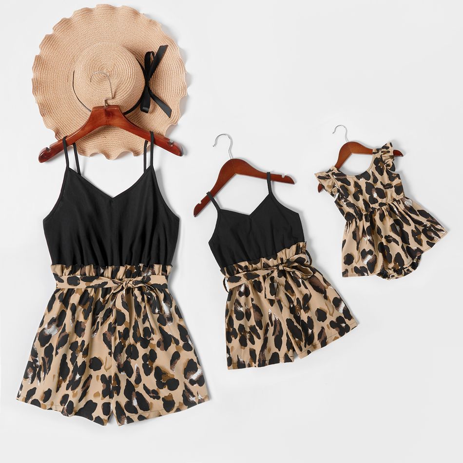 Leopard Splice Black Sling Short Rompers for Mommy and Me Color block