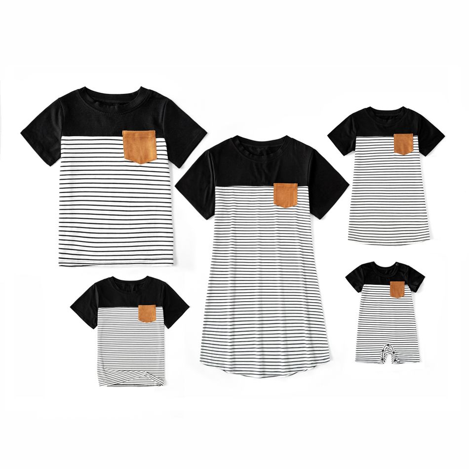 Stripe Series Family Matching Sets(Short Sleeve T-shirt Dresses for Mommy and Girl） Black/White