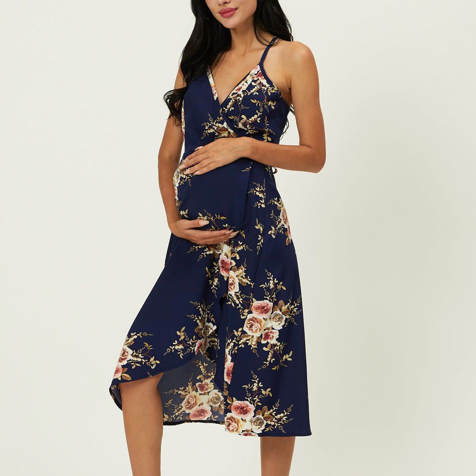 Maternity casual Floral Print V-neck A Sleeveless Dress Dark Blue