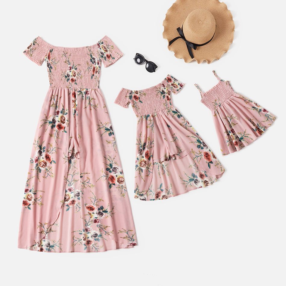 Floral Print Pink Matching Maxi Romper Dresses for Mommy and Me Pink